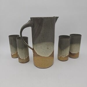 Studio Pottery Drip Glaze Pitcher and 4 Tumber Set Hand Thrown Stoneware Signed